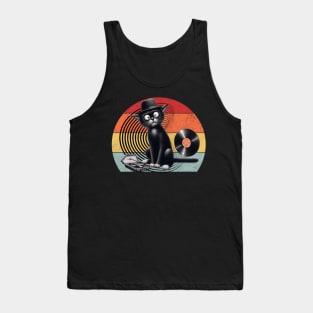 Funny Black Cat Listening To Vinyl Record Player Music Tank Top